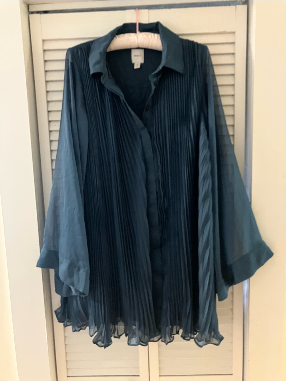 Anthropologie Maeve Teal Blue Pleated Oversized Button Down Trapeze Dress Medium